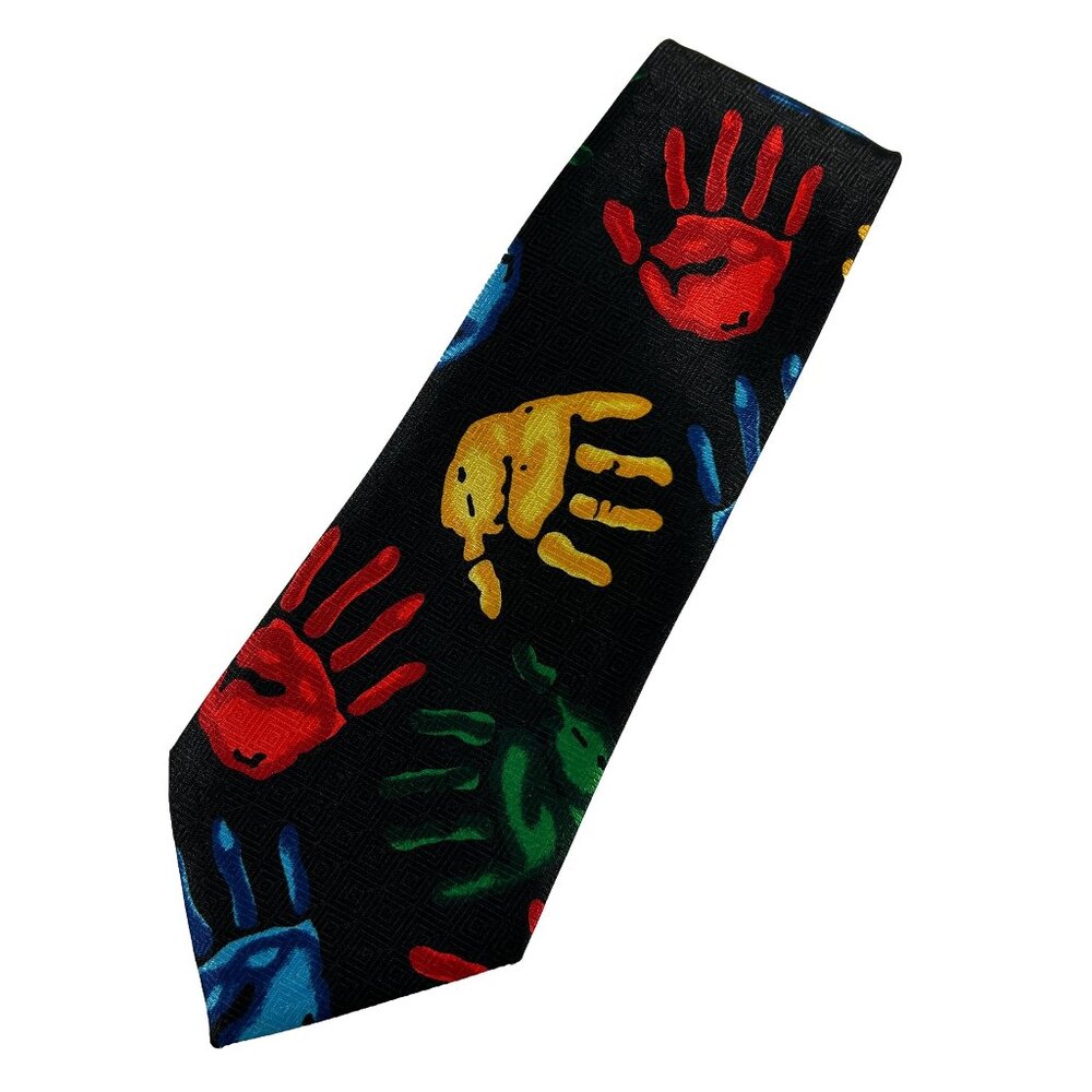 Vintage A Rogers Handprints Tie Necktie Teachers Educators Black Red Yellow